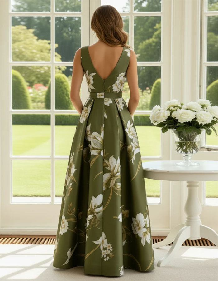 Olive Green Floral Print Satin V-Neck Maxi Dress