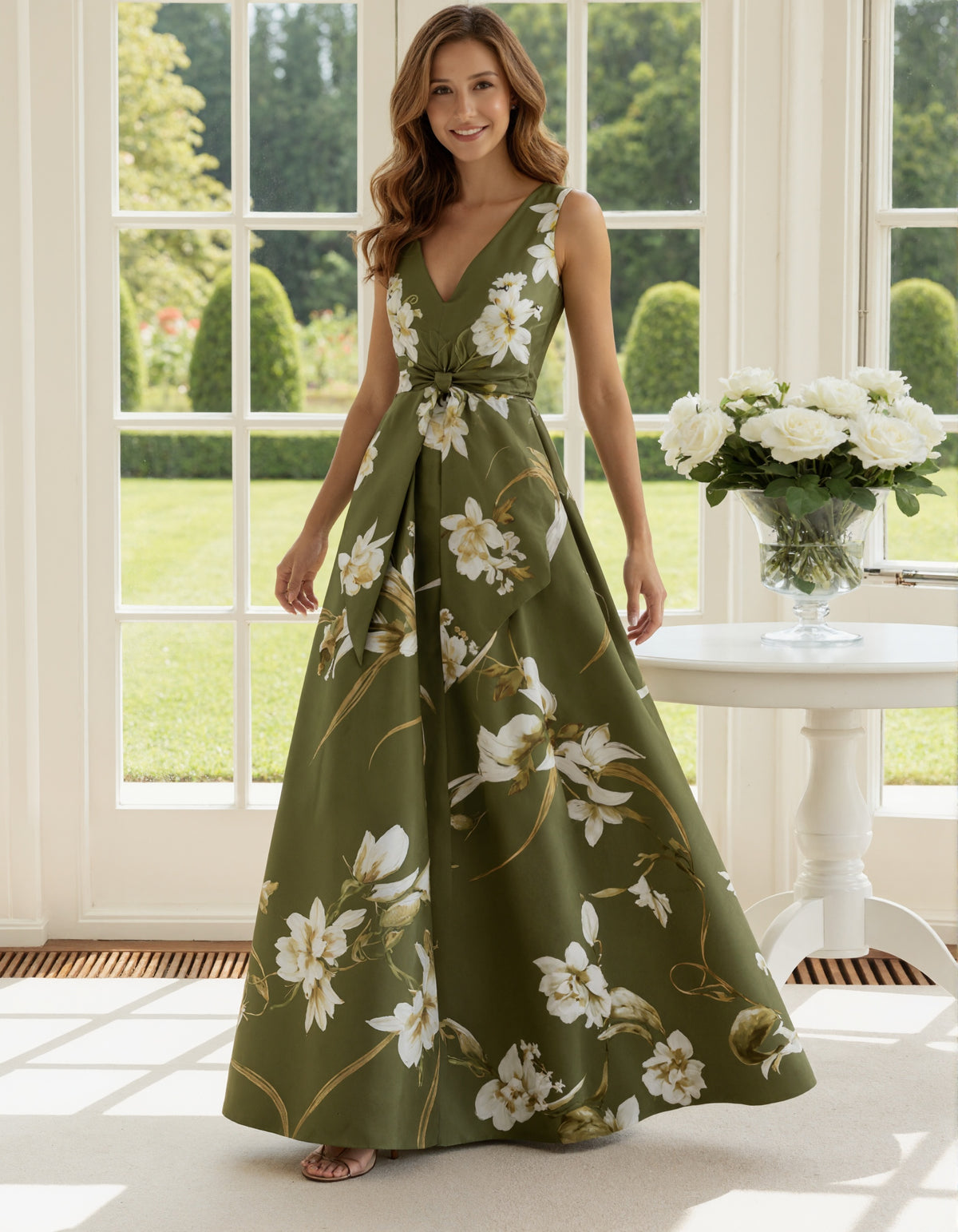 Olive Green Floral Print Satin V-Neck Maxi Dress