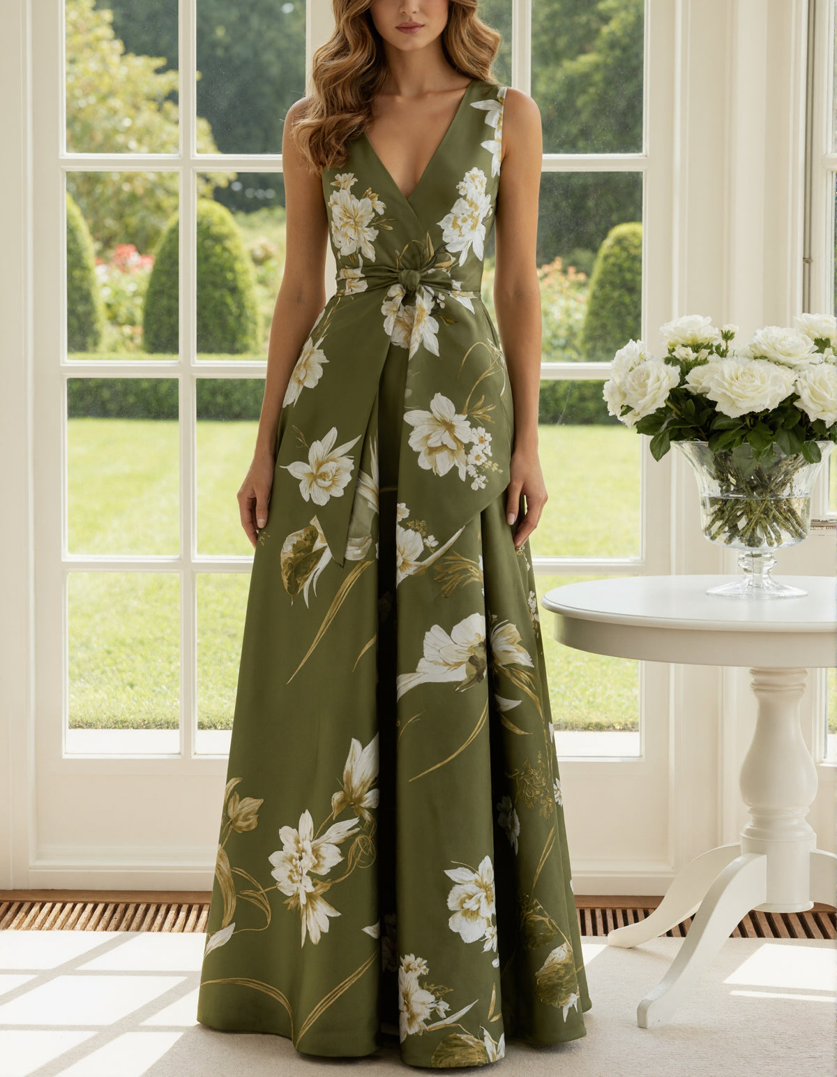 Olive Green Floral Print Satin V-Neck Maxi Dress