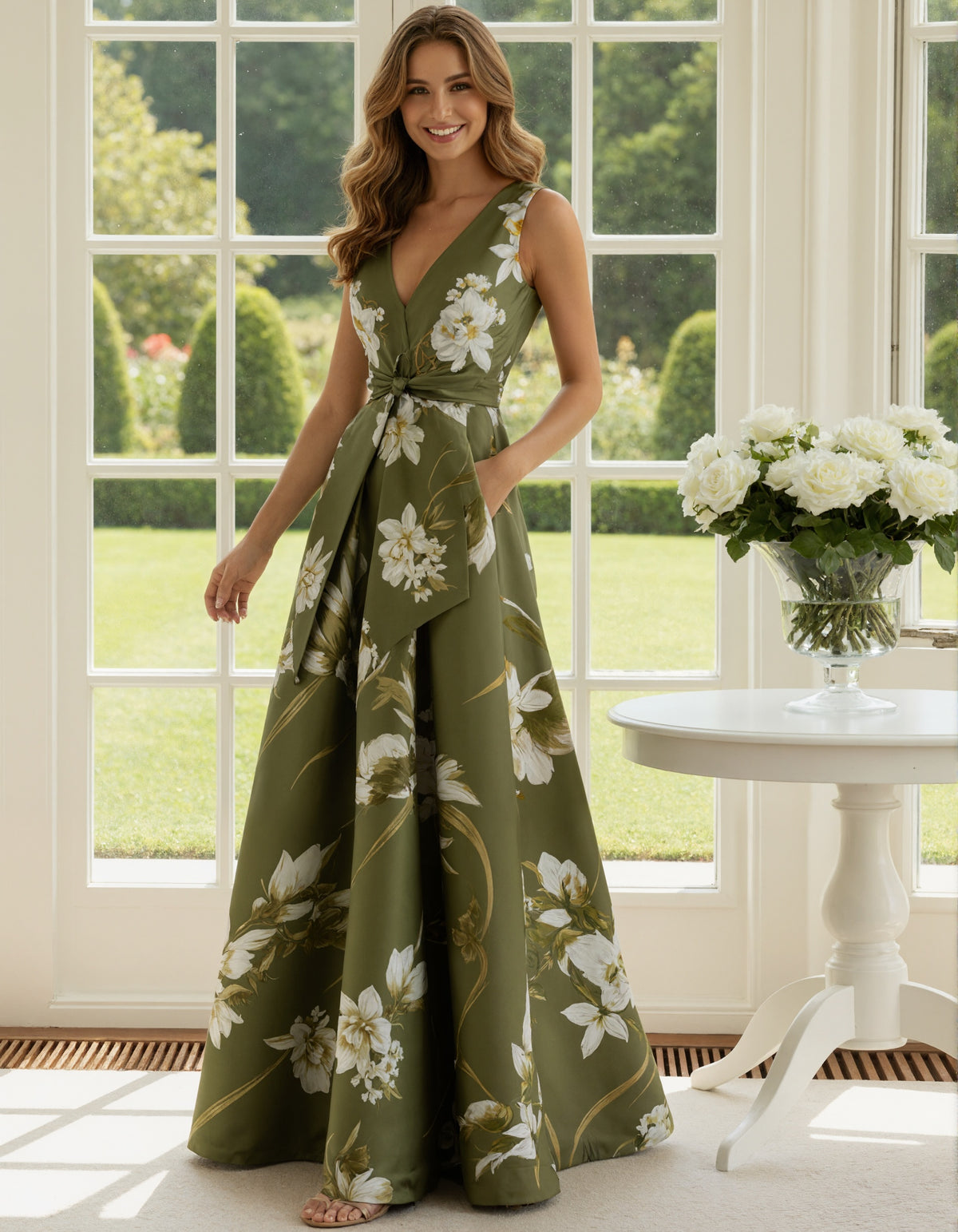 Olive Green Floral Print Satin V-Neck Maxi Dress