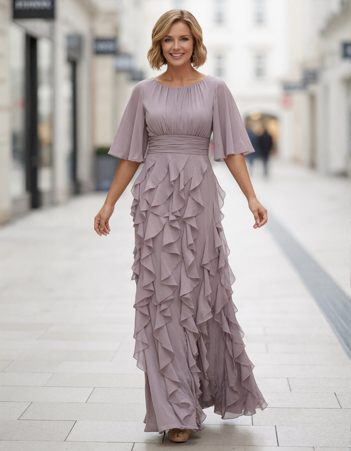 Grayish Purple Chiffon Round Neck Maxi Dress