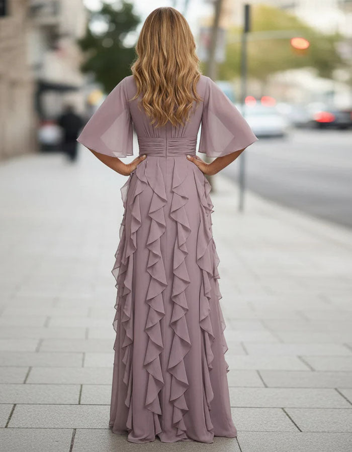 Grayish Purple Chiffon Round Neck Maxi Dress