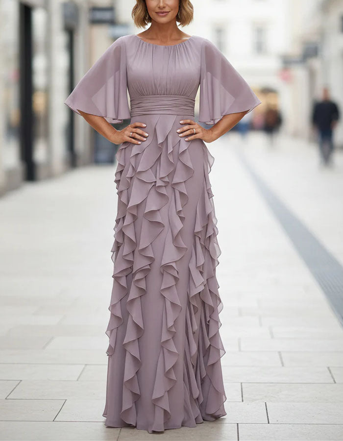 Grayish Purple Chiffon Round Neck Maxi Dress