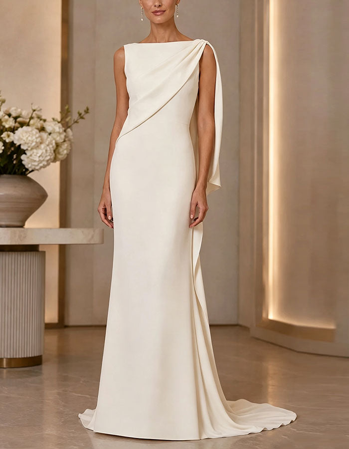 White Boat Neck Asymmetrical Draped Shoulder Strap Maxi Dress