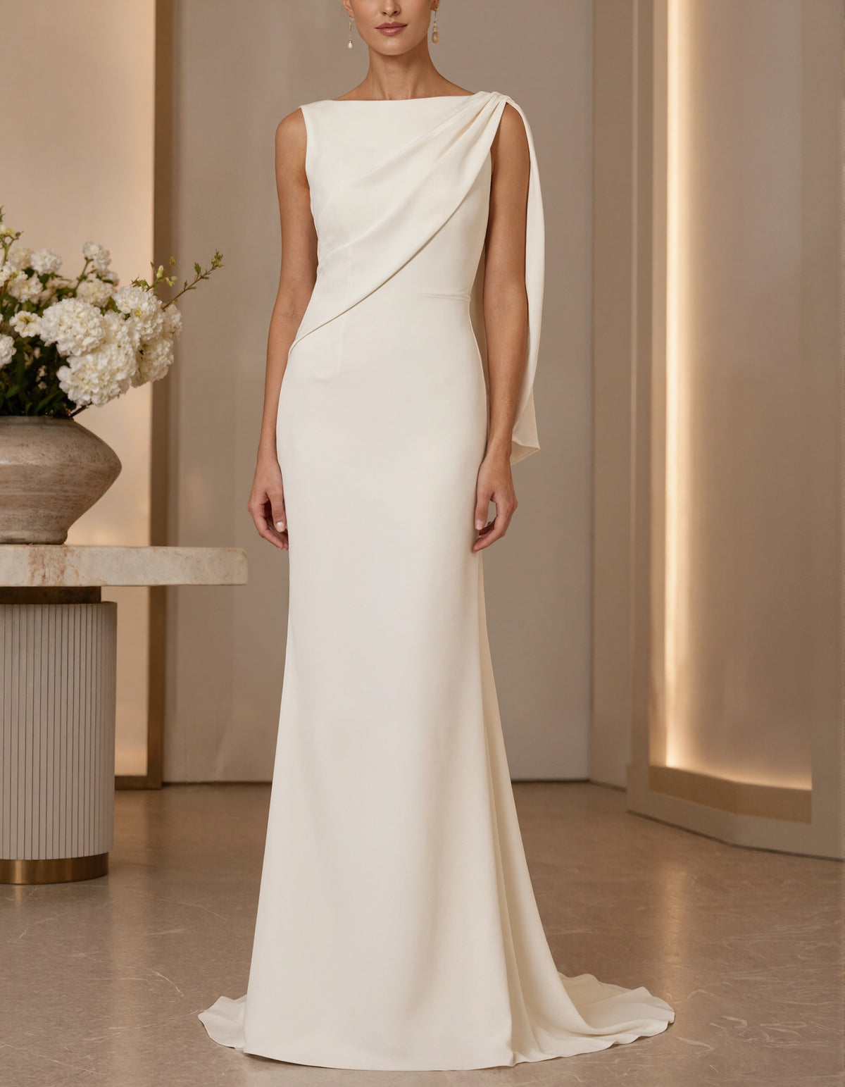 White Boat Neck Asymmetrical Draped Shoulder Strap Maxi Dress