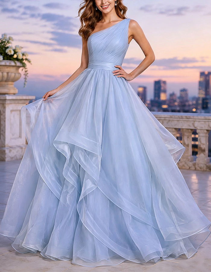 Sky Blue Sheer One Shoulder Maxi Dress