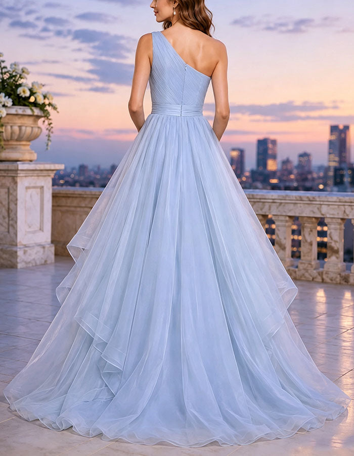 Sky Blue Sheer One Shoulder Maxi Dress