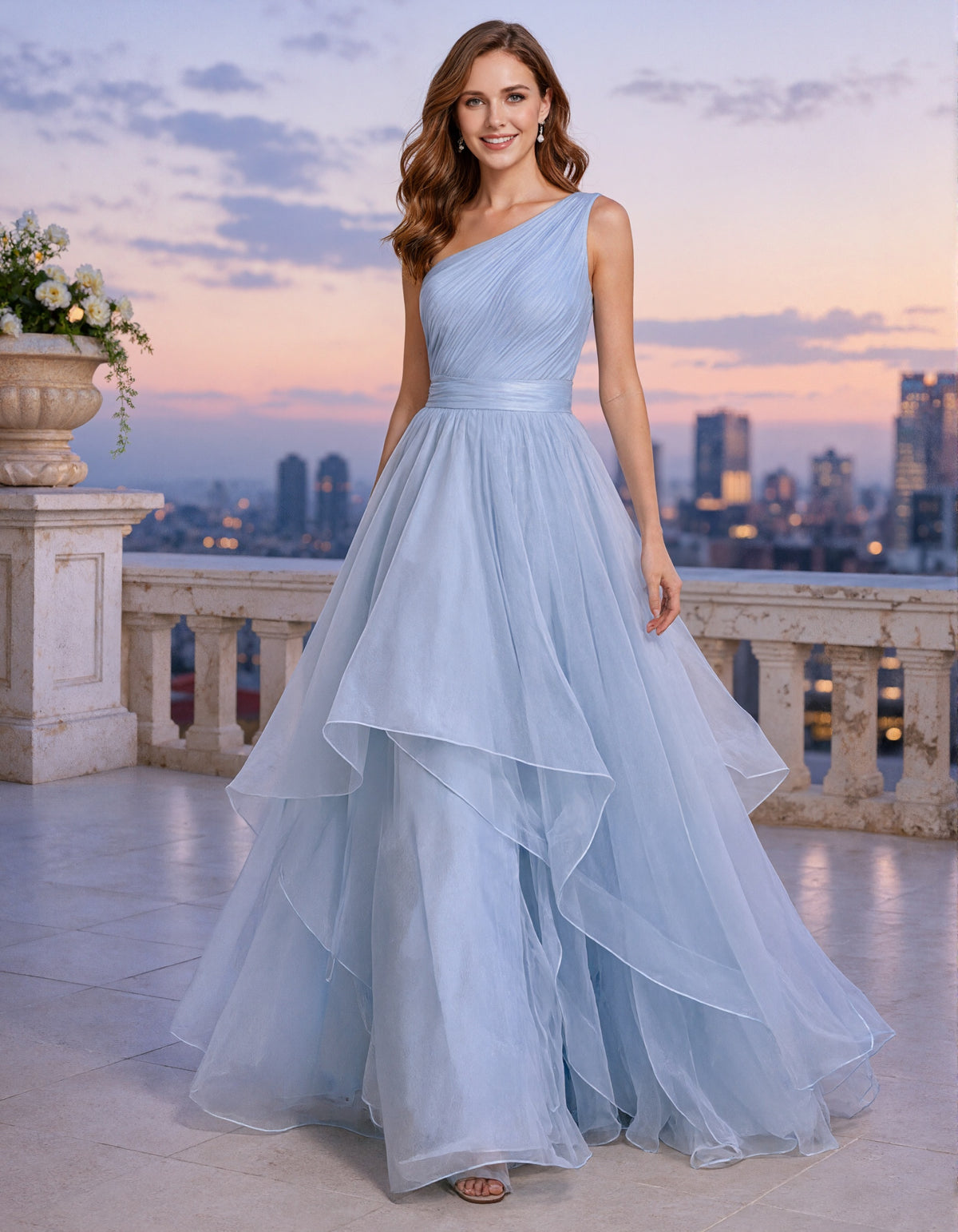Sky Blue Sheer One Shoulder Maxi Dress