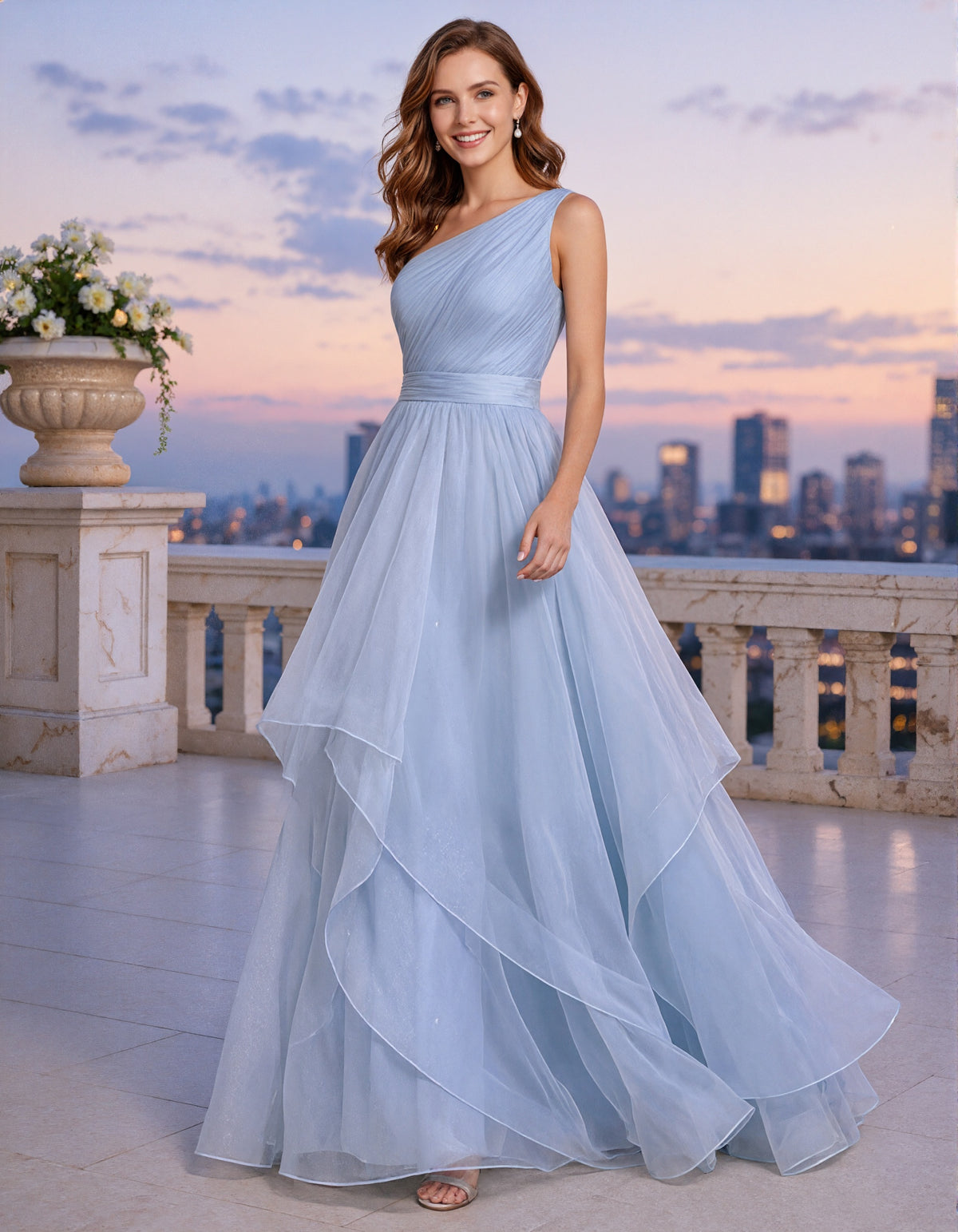 Sky Blue Sheer One Shoulder Maxi Dress