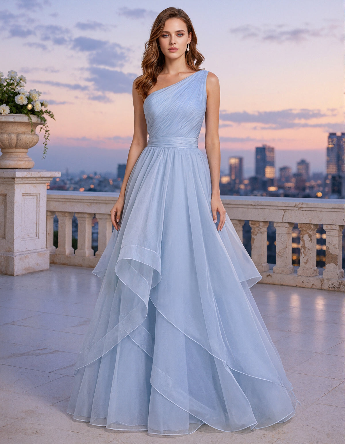 Sky Blue Sheer One Shoulder Maxi Dress