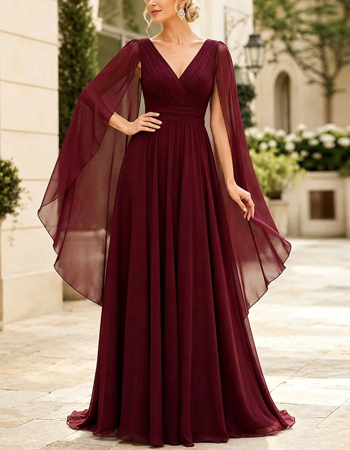 Burgundy Chiffon V-Neck Maxi Dress