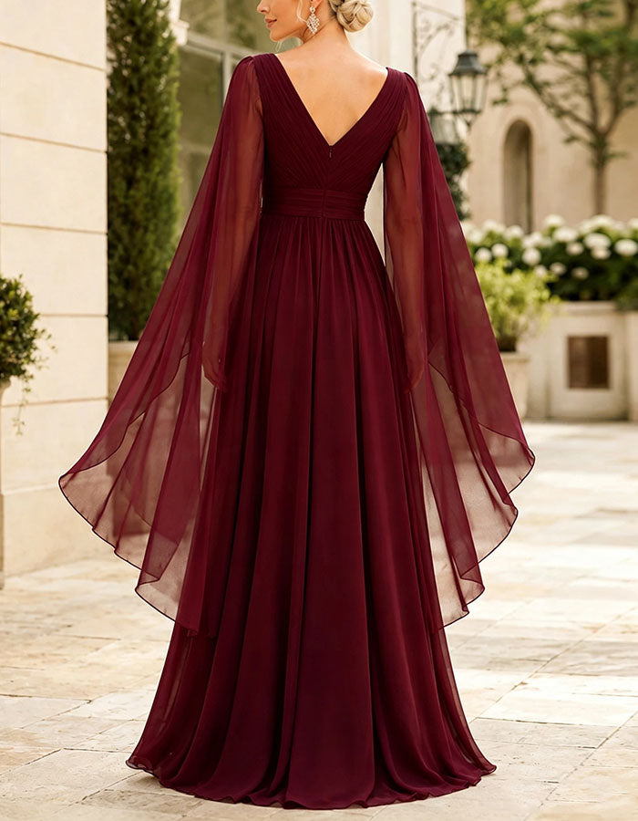 Burgundy Chiffon V-Neck Maxi Dress