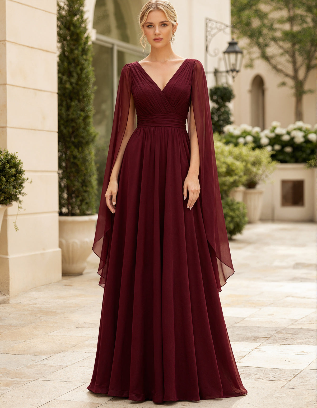 Burgundy Chiffon V-Neck Maxi Dress