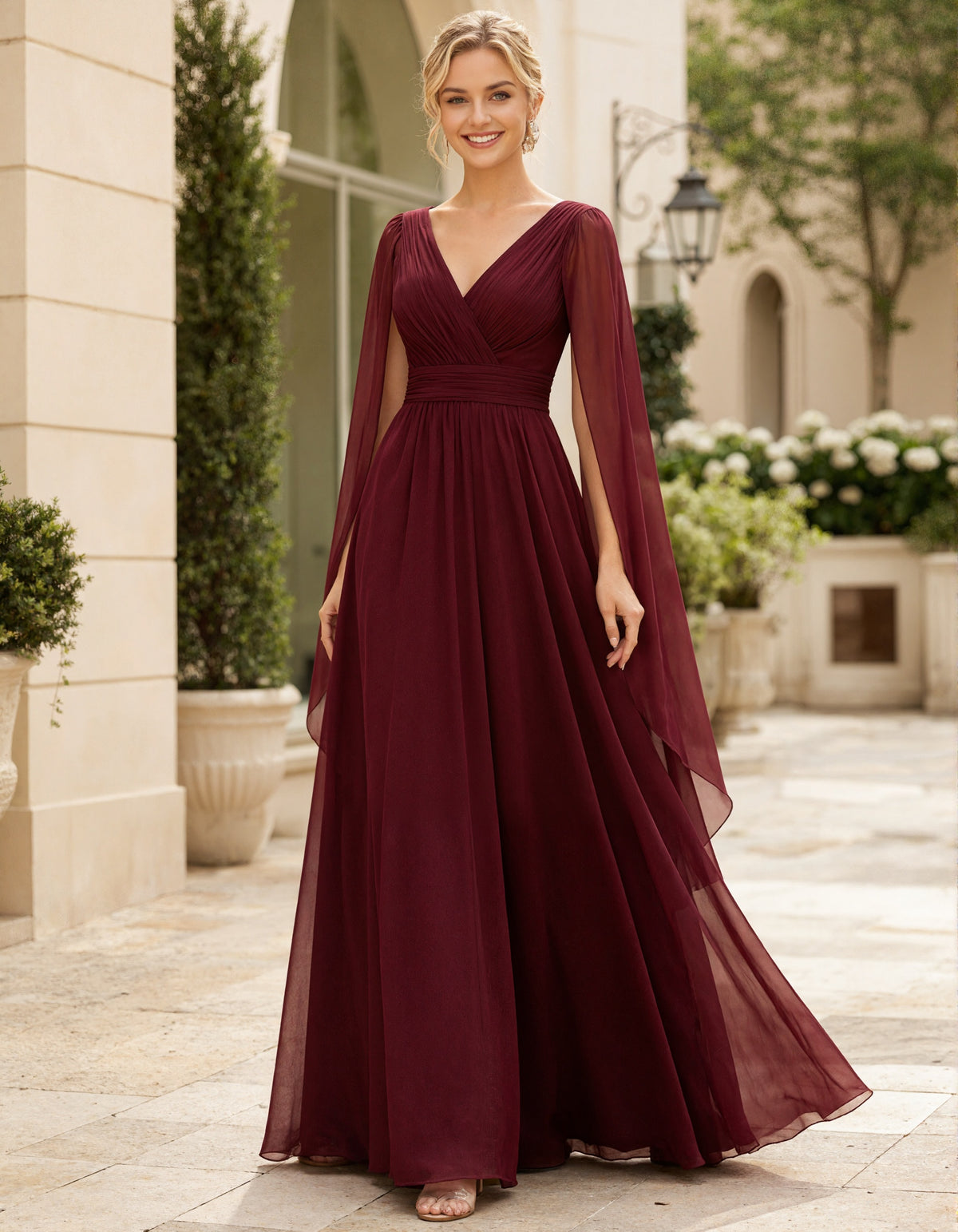Burgundy Chiffon V-Neck Maxi Dress