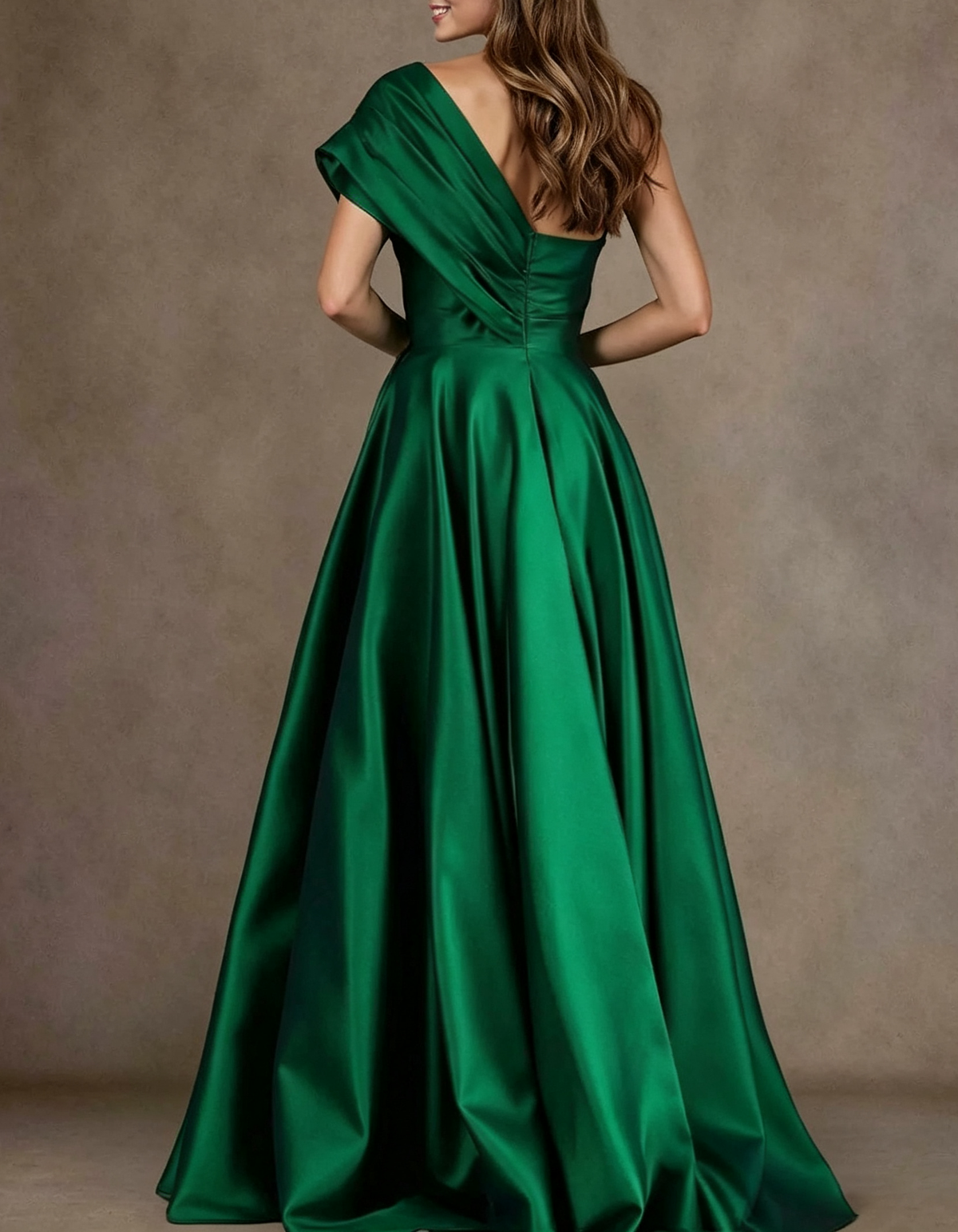 Draped One Shoulder Satin Waist Bow & Side Slit Maxi Evening Dress
