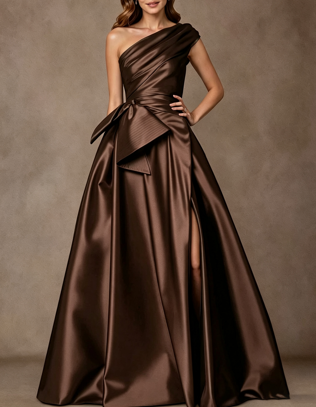 Draped One Shoulder Satin Waist Bow & Side Slit Maxi Evening Dress
