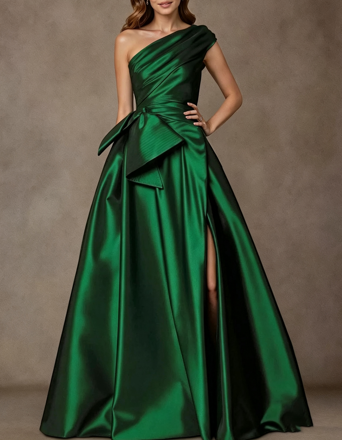 Draped One Shoulder Satin Waist Bow & Side Slit Maxi Evening Dress