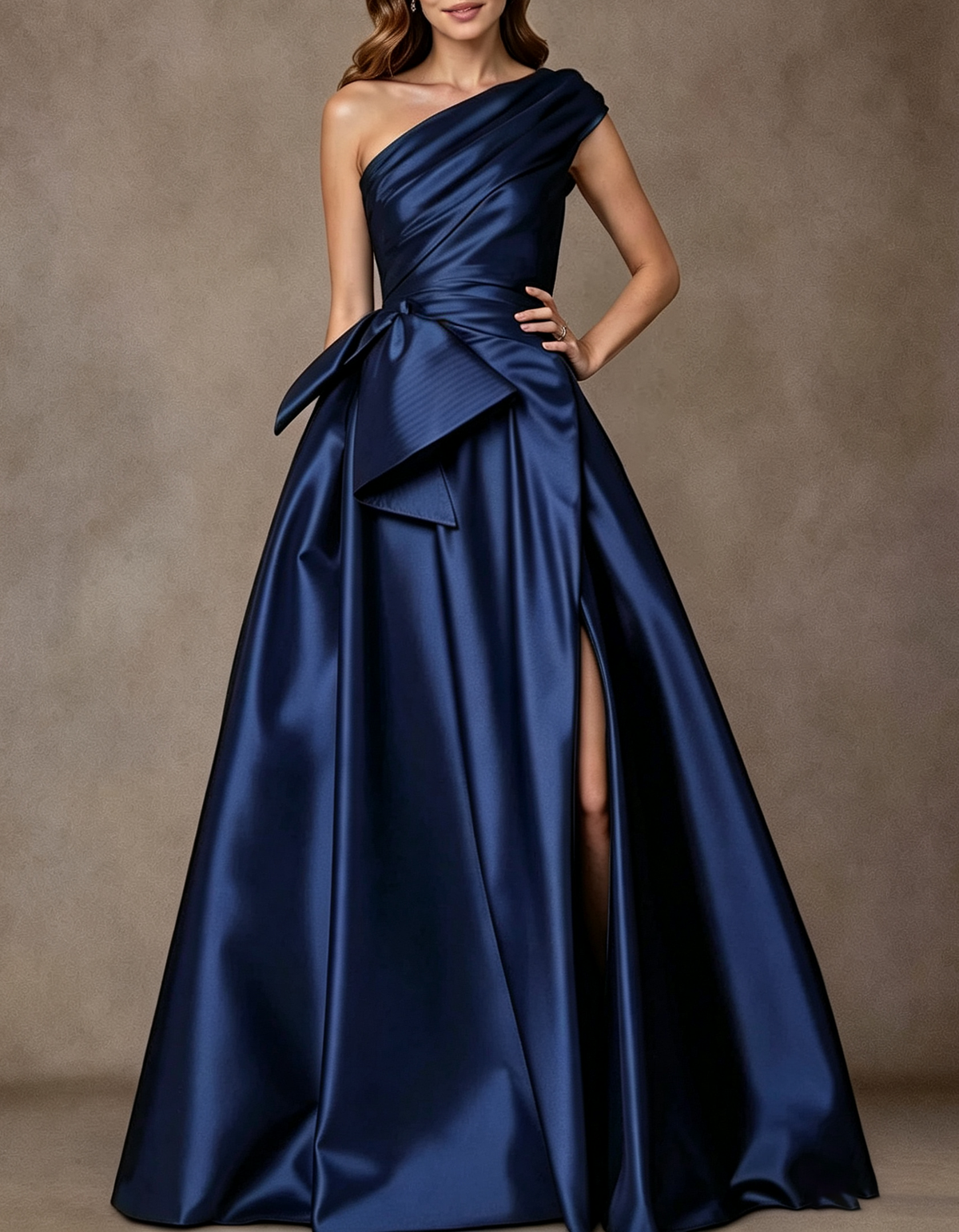 Draped One Shoulder Satin Waist Bow & Side Slit Maxi Evening Dress