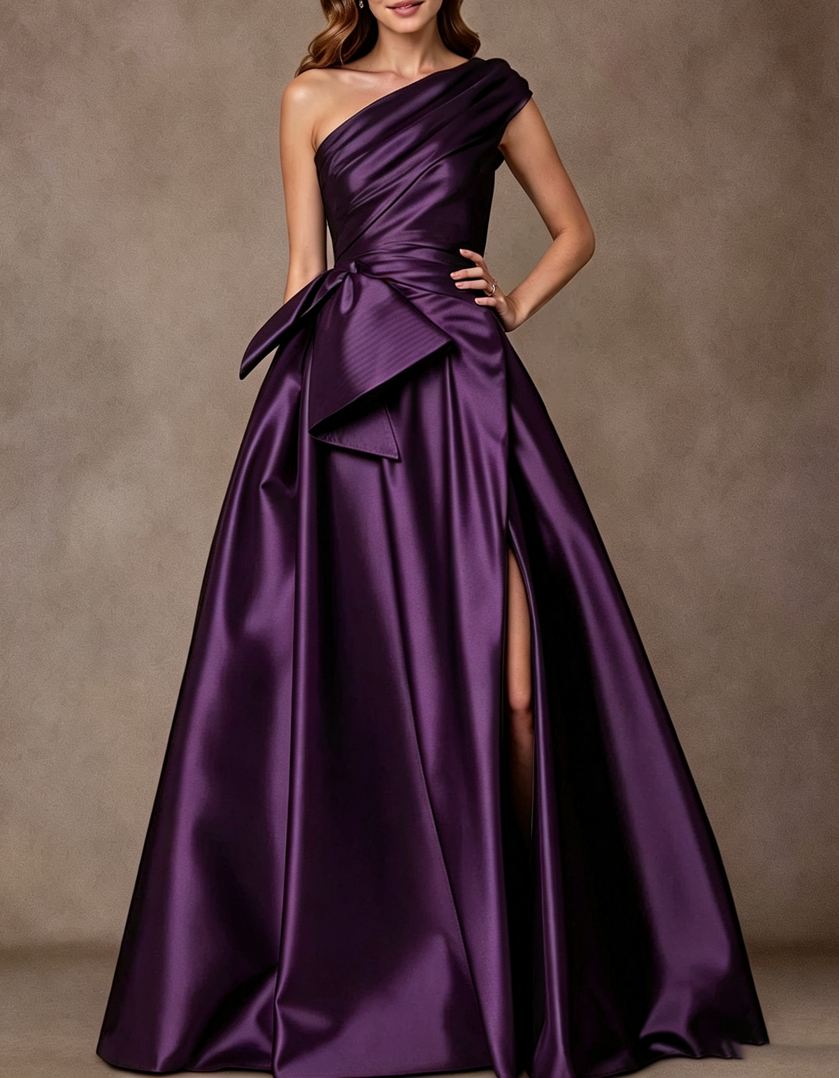 Draped One Shoulder Satin Waist Bow & Side Slit Maxi Evening Dress