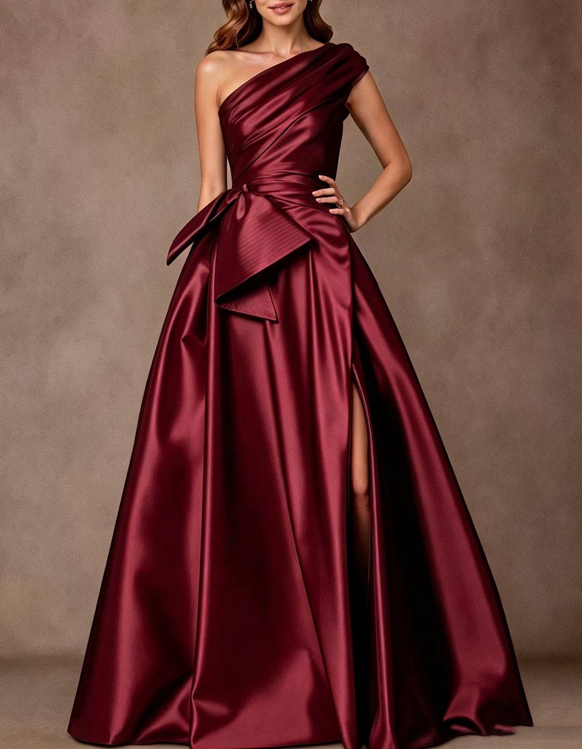 Draped One Shoulder Satin Waist Bow & Side Slit Maxi Evening Dress