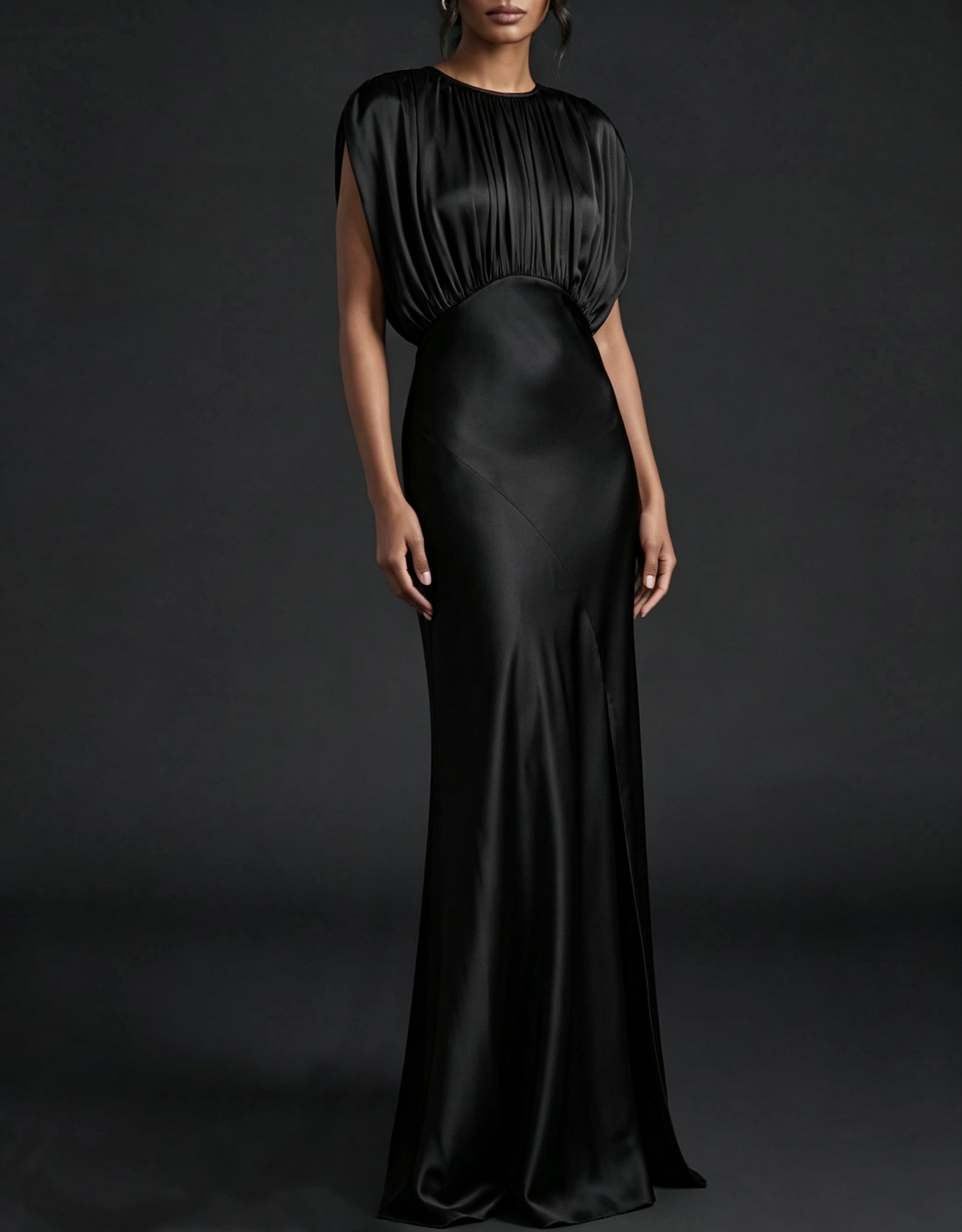 Gathered Round Neck Satin Back Tie & Side Slit Evening Maxi Dress
