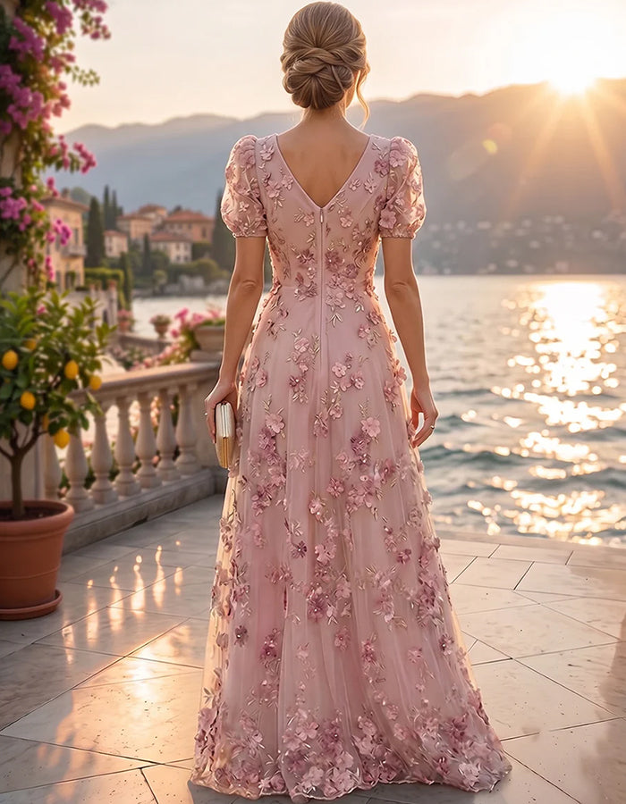 Pink Deep V Puff Sleeve 3D Floral Mesh Maxi Dress