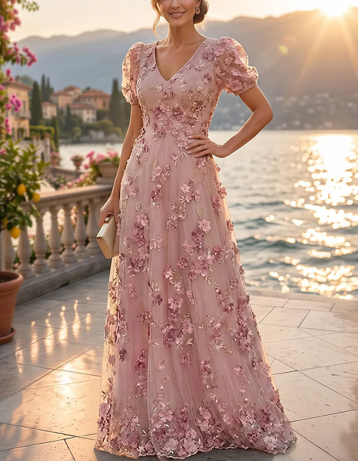 Pink Deep V Puff Sleeve 3D Floral Mesh Maxi Dress