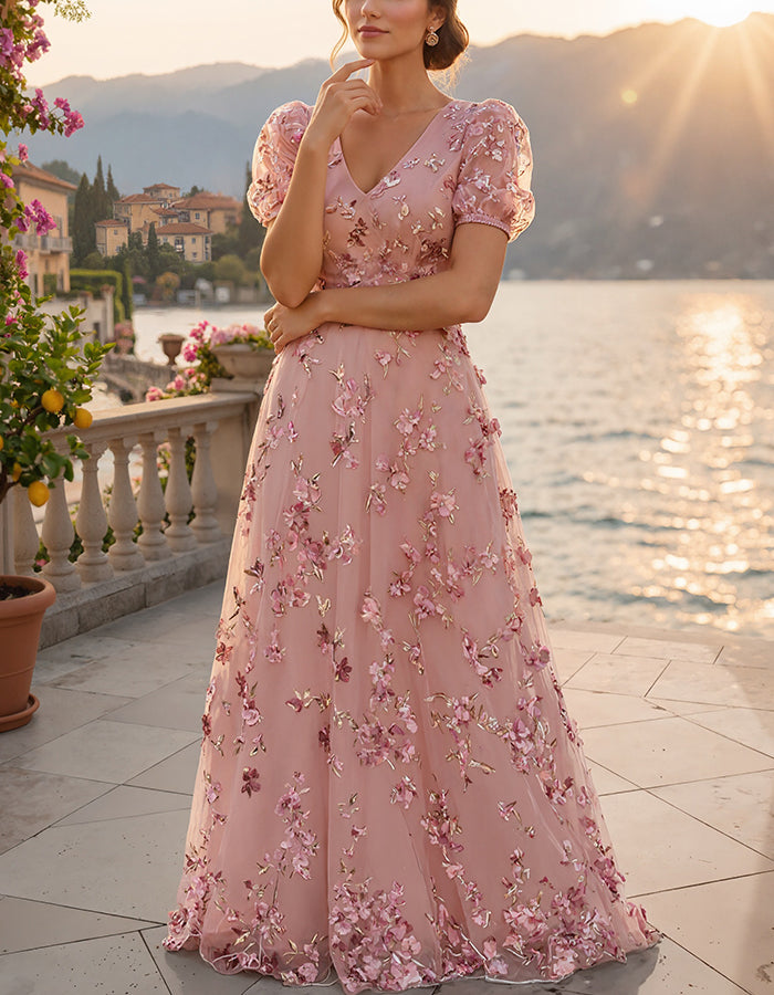 Pink Deep V Puff Sleeve 3D Floral Mesh Maxi Dress