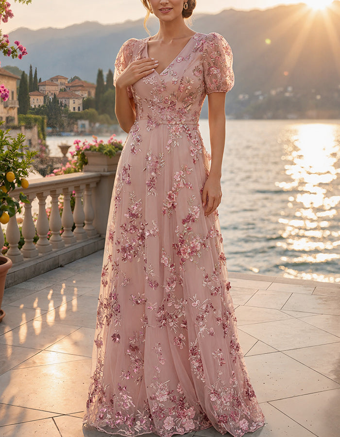 Pink Deep V Puff Sleeve 3D Floral Mesh Maxi Dress