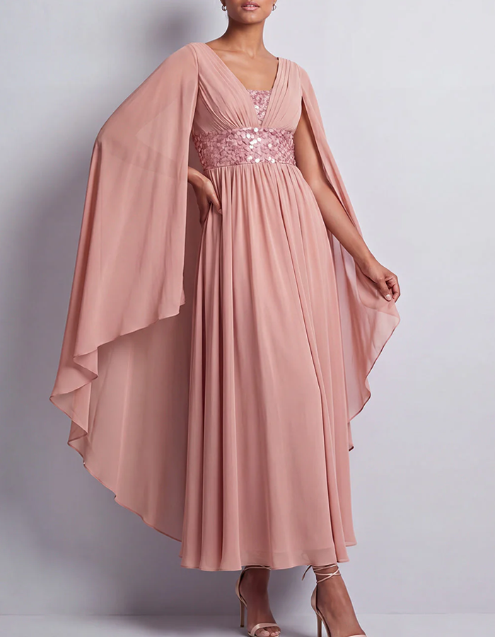 V-neck Cape-sleeve Chiffon Maxi Dress