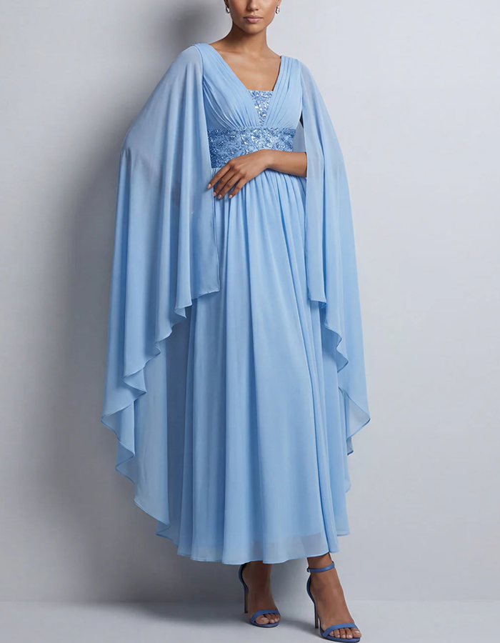 V-neck Cape-sleeve Chiffon Maxi Dress