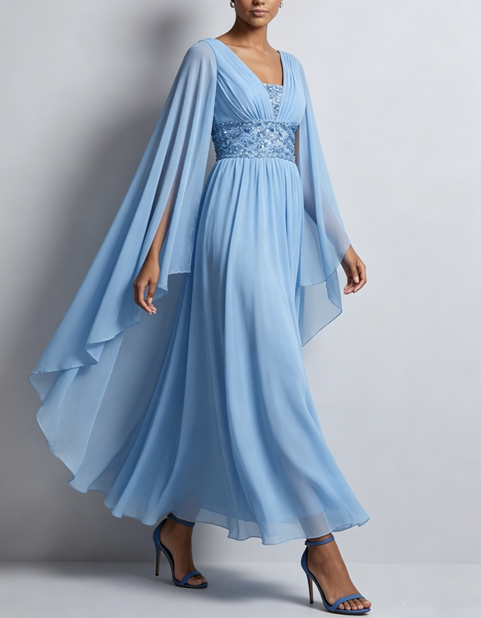 V-neck Cape-sleeve Chiffon Maxi Dress