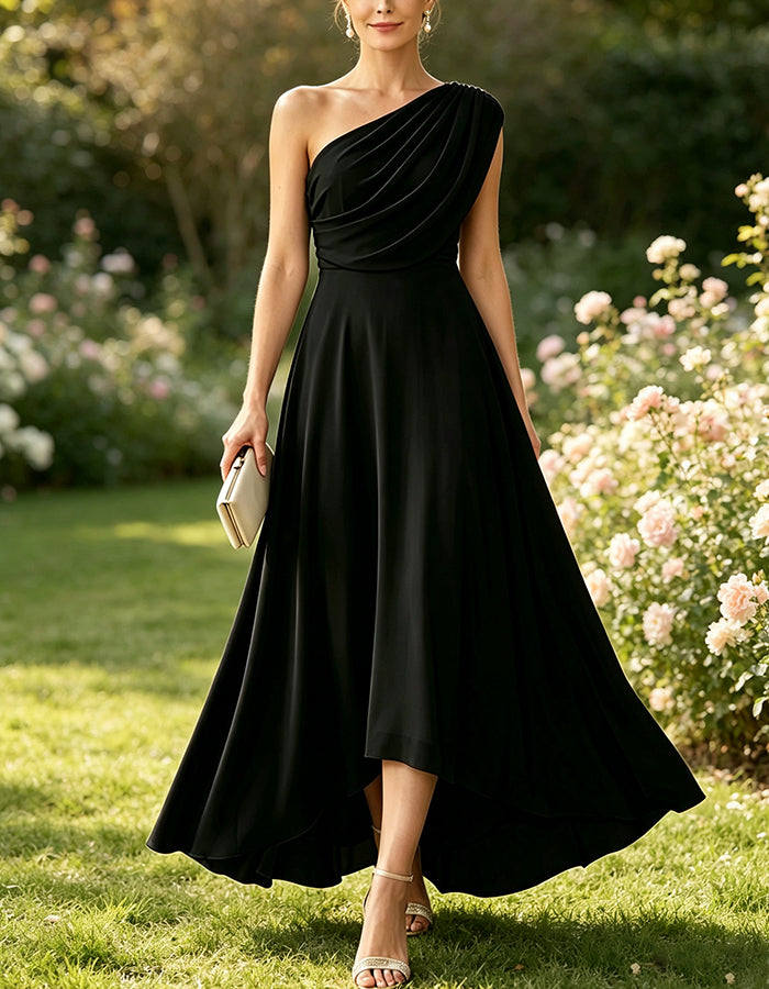 One Shoulder Draped Neck Irregular High Low Hem Chiffon Midi Dress