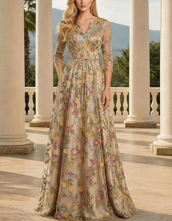 Solid Color Embroidered Tulle V-Neck Maxi Dress