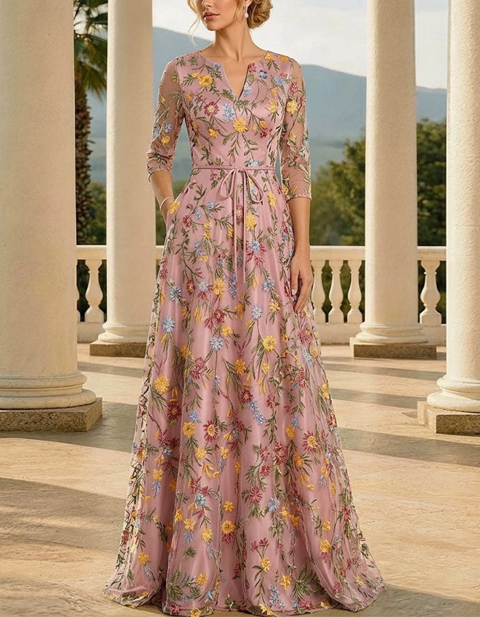 Solid Color Embroidered Tulle V-Neck Maxi Dress