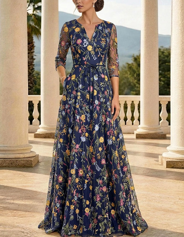 Solid Color Embroidered Tulle V-Neck Maxi Dress
