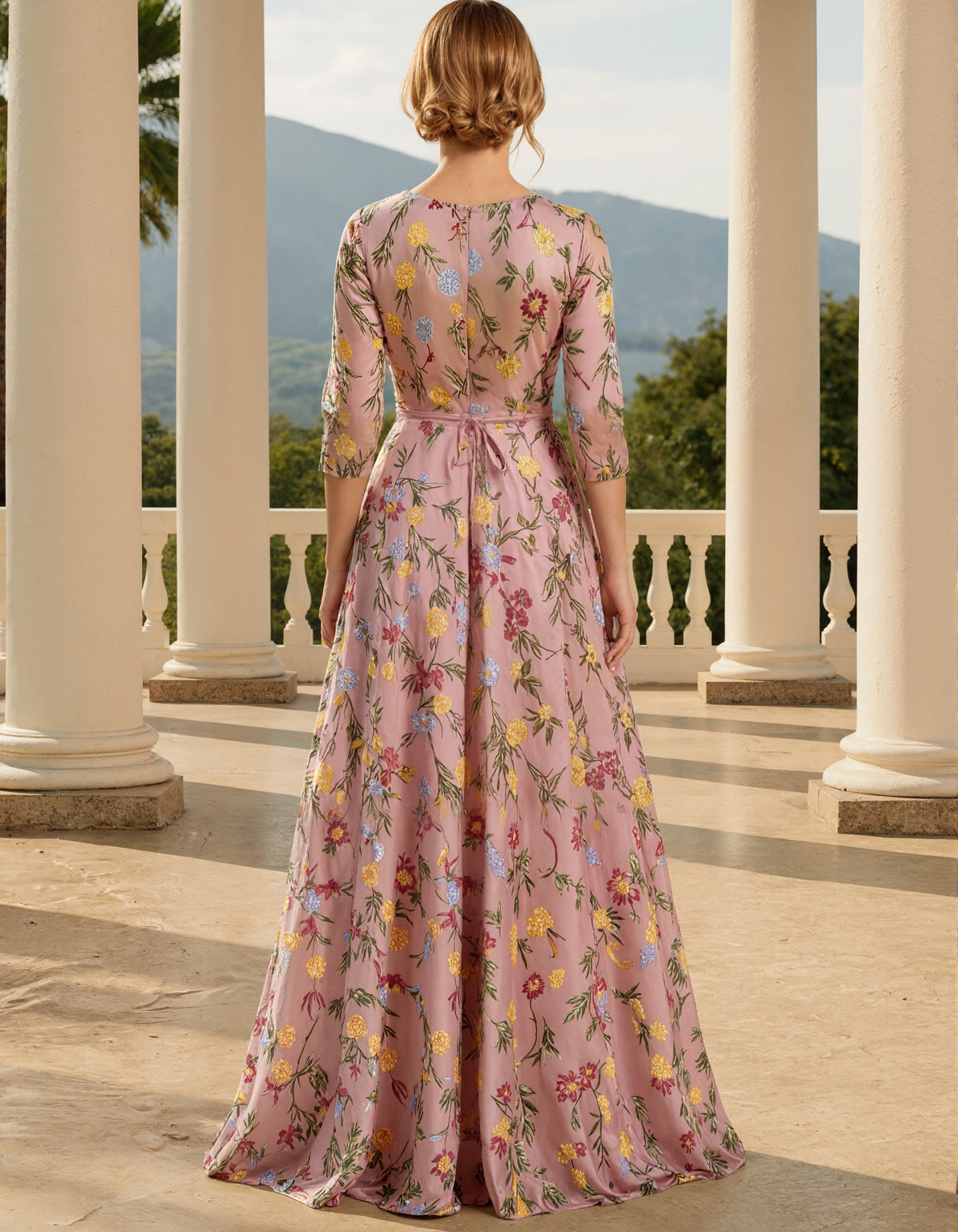 Solid Color Embroidered Tulle V-Neck Maxi Dress