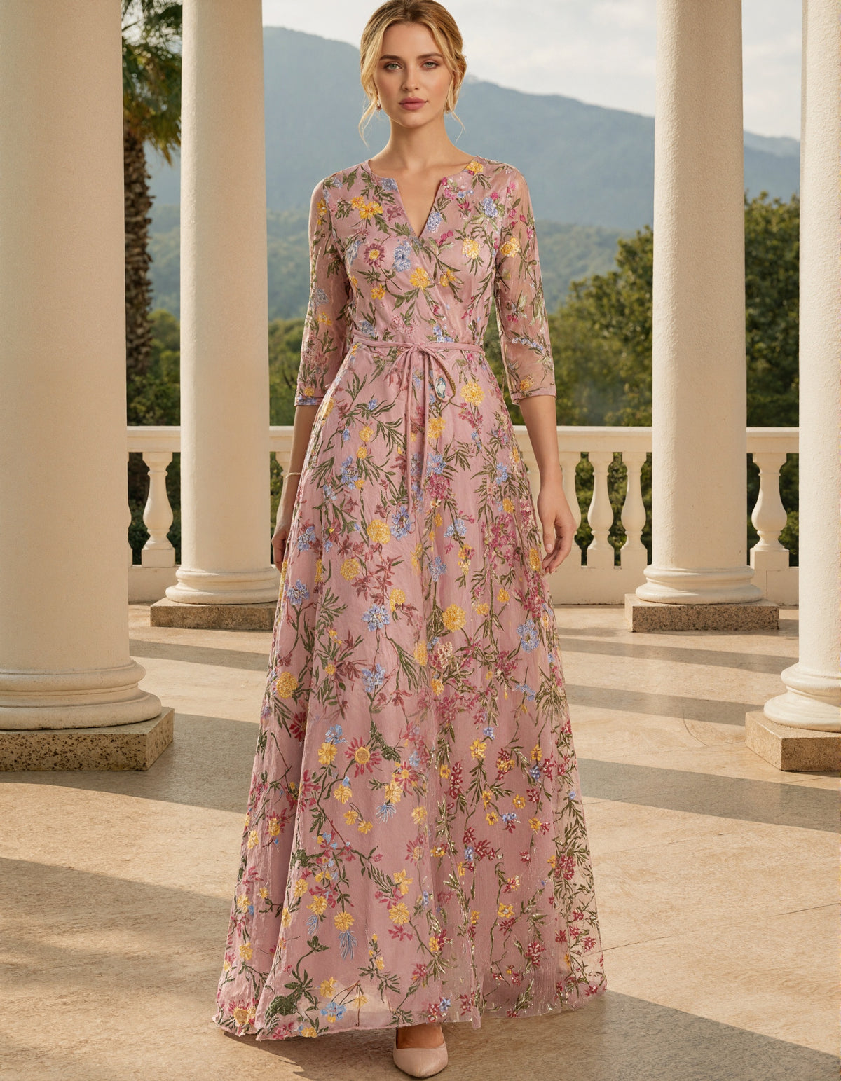 Solid Color Embroidered Tulle V-Neck Maxi Dress