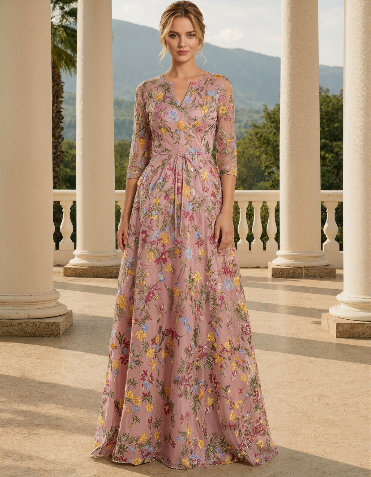 Solid Color Embroidered Tulle V-Neck Maxi Dress