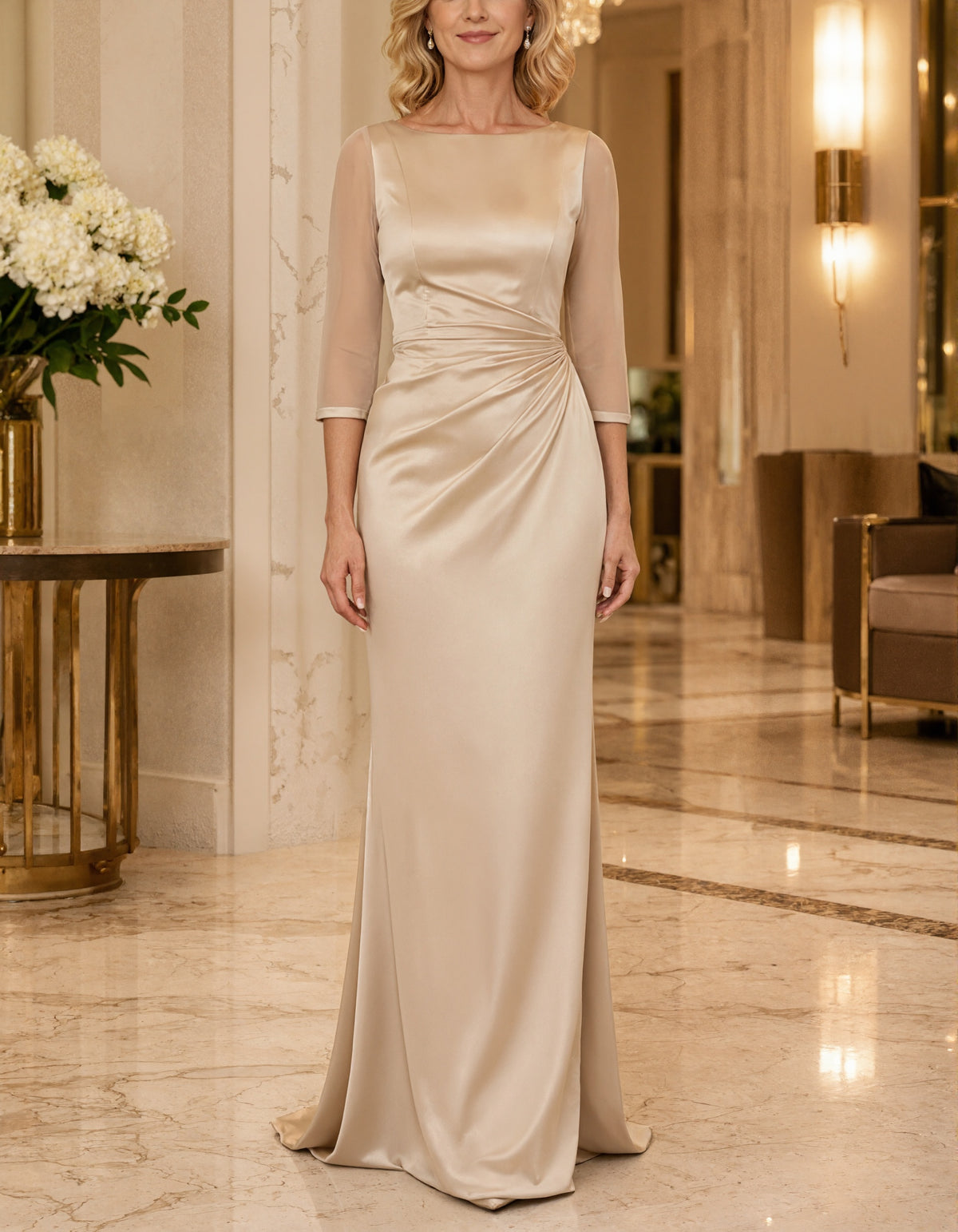 Champagne Colored Satin Boat Neck Tulle Three Quarter Sleeves Maxi Dress