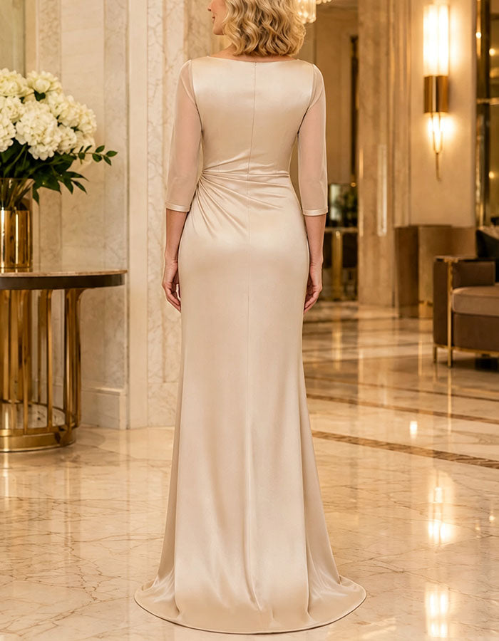 Champagne Colored Satin Boat Neck Tulle Three Quarter Sleeves Maxi Dress