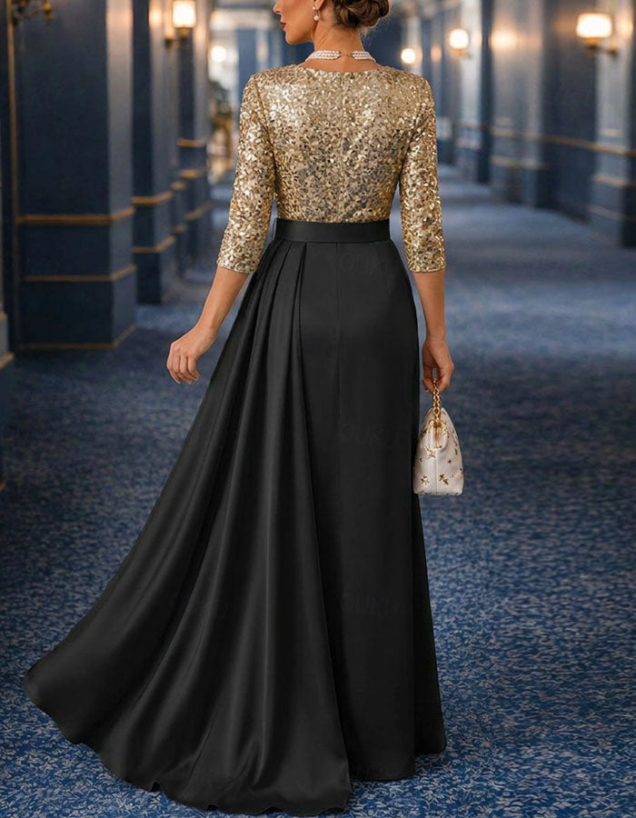 Sequined V-Neck Three Quarter Sleeve Satin Maxi Dress