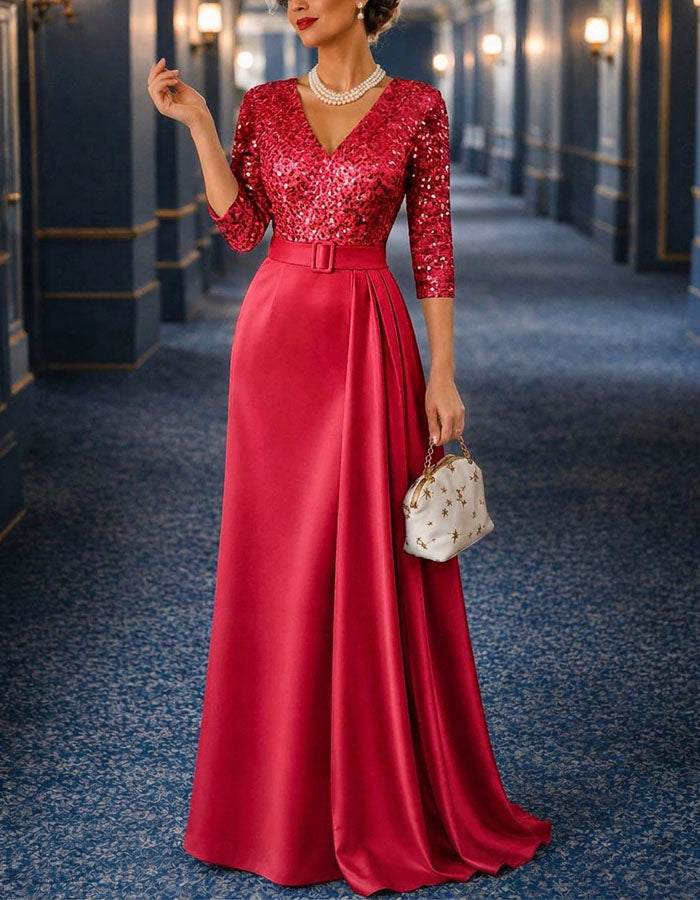 Sequined V-Neck Three Quarter Sleeve Satin Maxi Dress