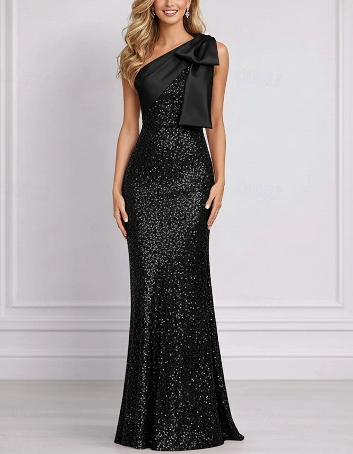 Solid Color Satin Bow Shoulder Sequin Maxi Dress