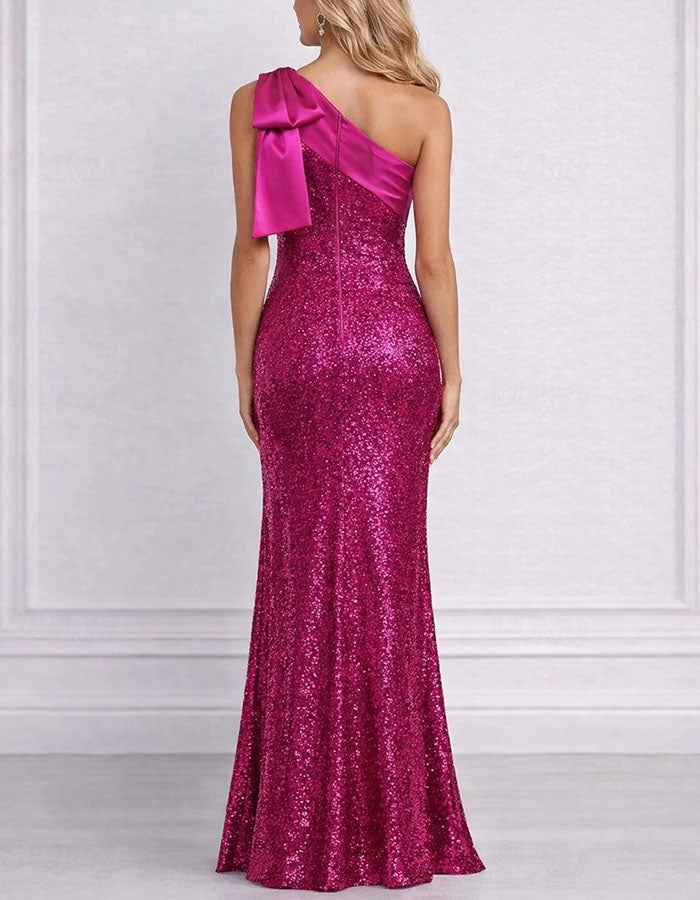 Solid Color Satin Bow Shoulder Sequin Maxi Dress