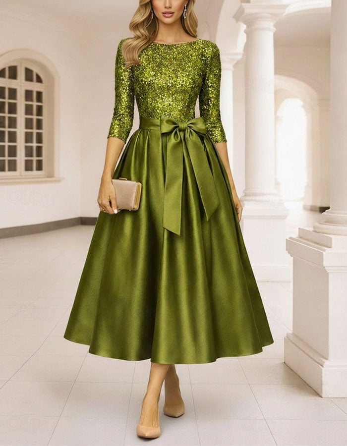 Two Tone Patchwork Three Quarter Sleeve Midi Dress