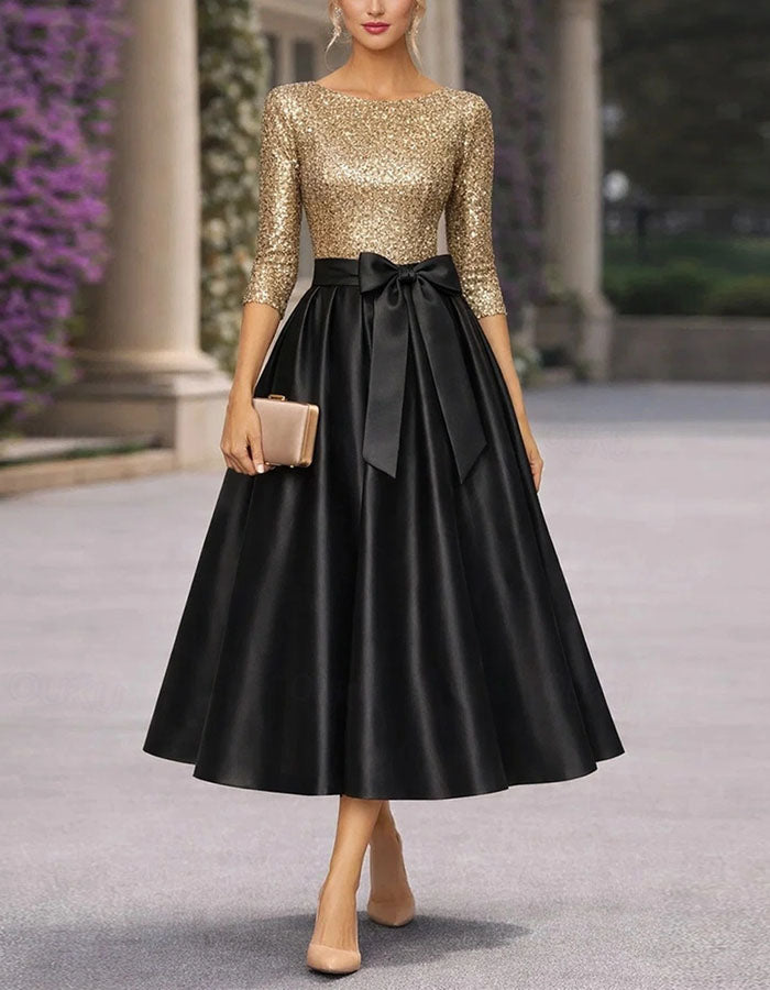 Two Tone Patchwork Three Quarter Sleeve Midi Dress