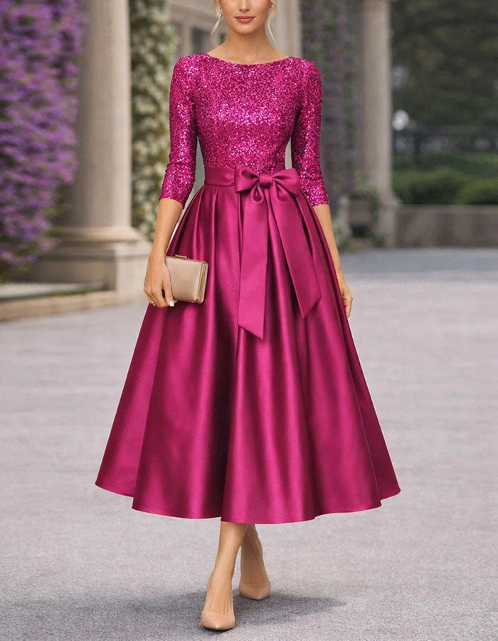 Two Tone Patchwork Three Quarter Sleeve Midi Dress