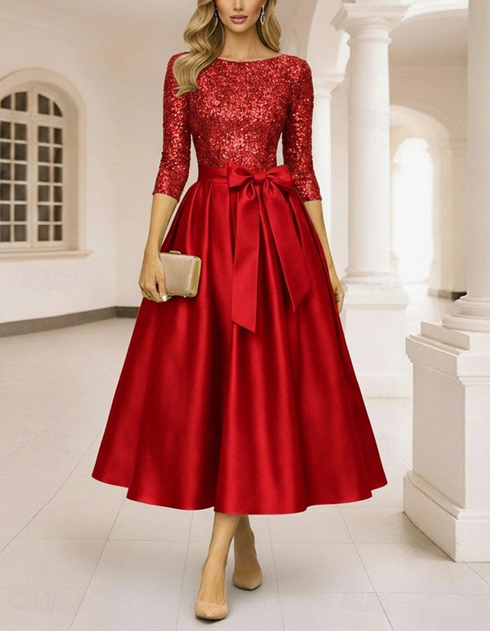 Two Tone Patchwork Three Quarter Sleeve Midi Dress
