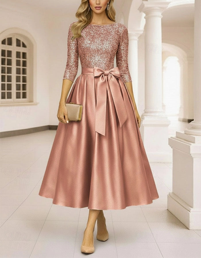 Two Tone Patchwork Three Quarter Sleeve Midi Dress